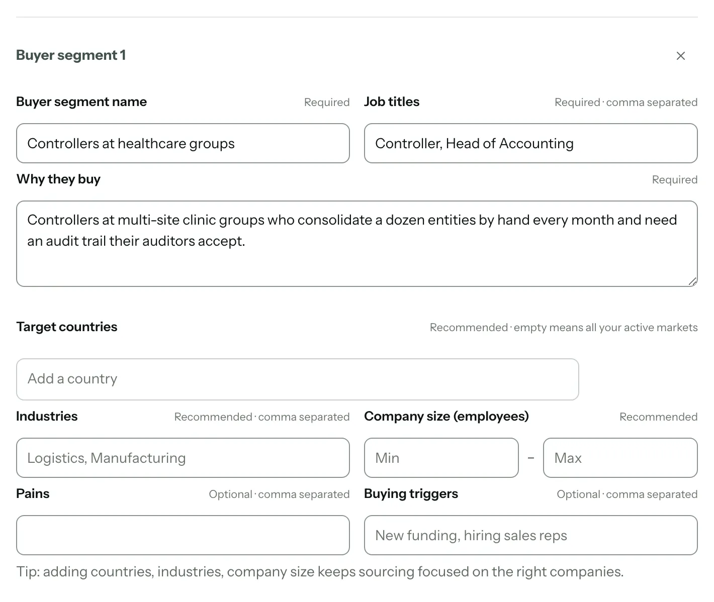 Le formulaire « Buyer segment 1 », avec les trois champs obligatoires remplis : « Buyer segment name », « Job titles » et « Why they buy »