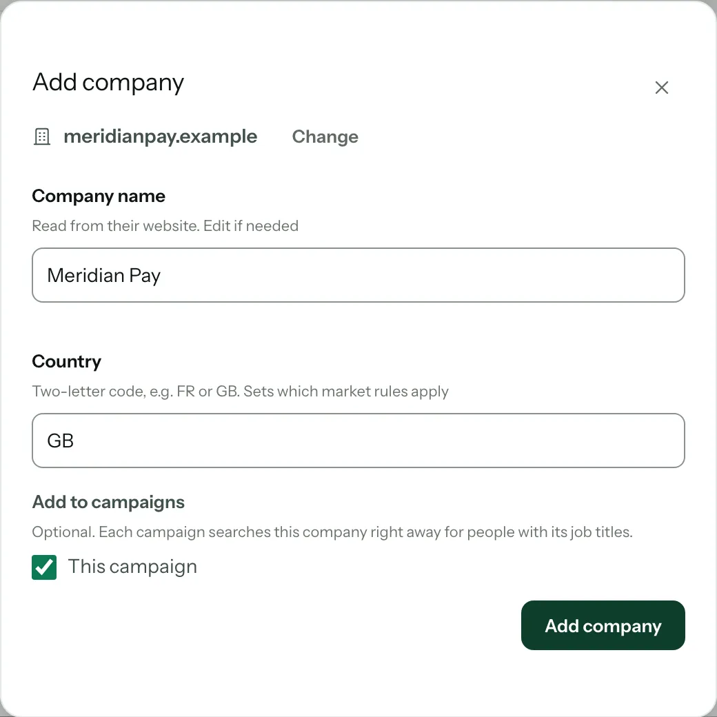 La deuxième étape de la fenêtre « Add company » : « Company name » Meridian Pay, « Country » GB, la case « This campaign » cochée sous « Add to campaigns », et le bouton « Add company »