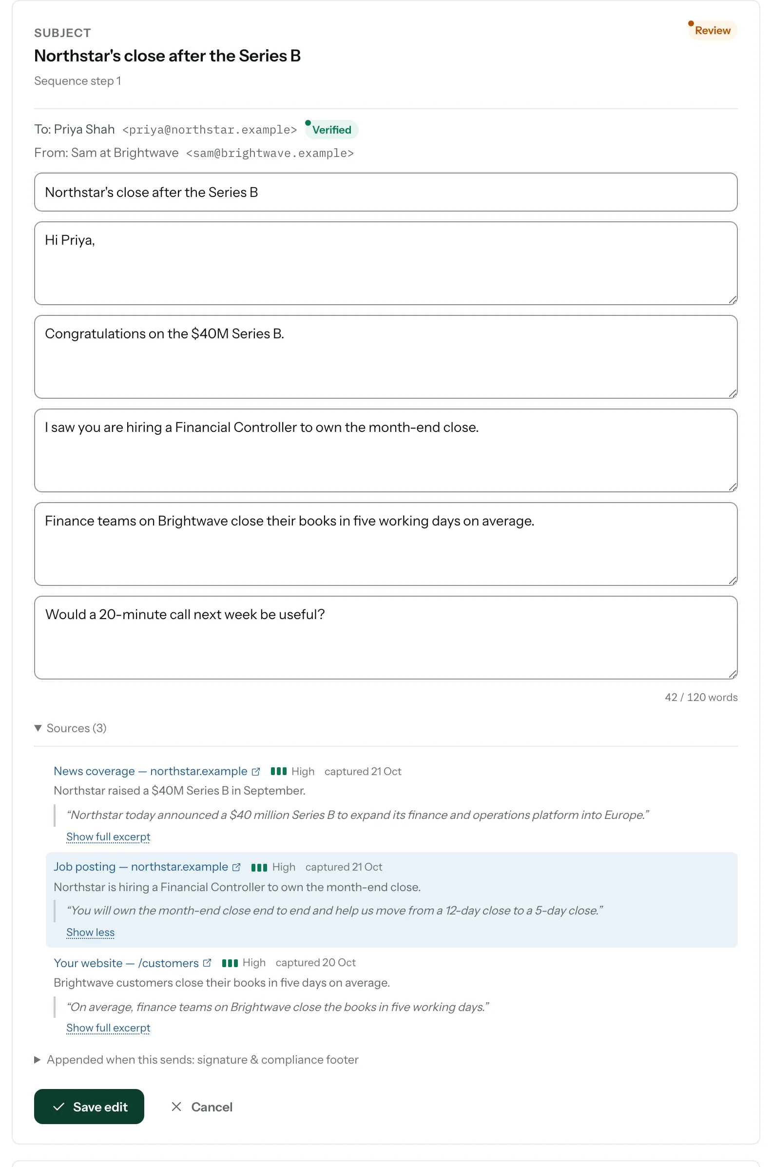 Un brouillon en mode édition : l’objet et chaque phrase modifiables, le nombre de mots, et les boutons Save edit et Cancel