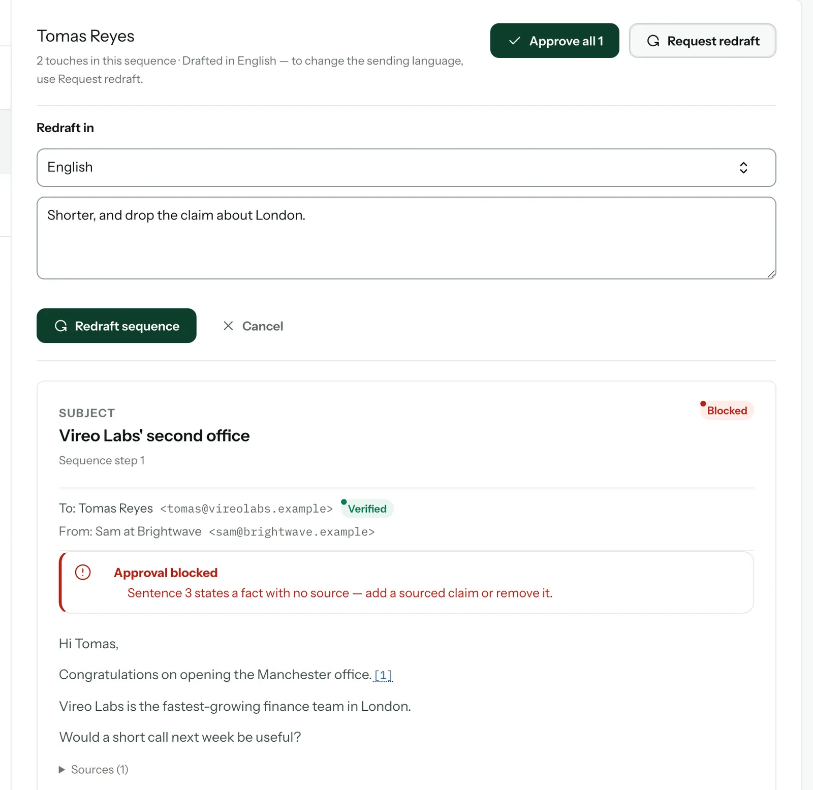 Le panneau « Request redraft » ouvert pour une personne : Redraft in réglé sur English, une note sur ce qu’il faut changer et le bouton Redraft sequence