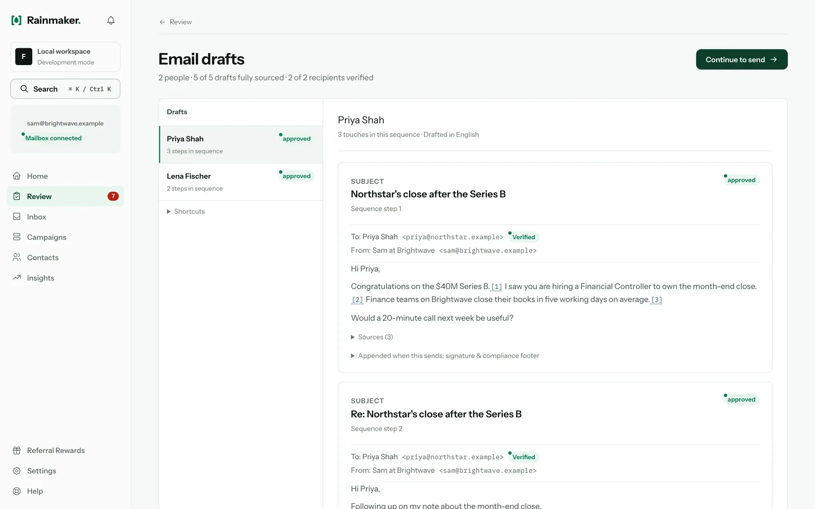Un lot dont tous les brouillons sont validés, avec le bouton « Continue to send » en haut de la page