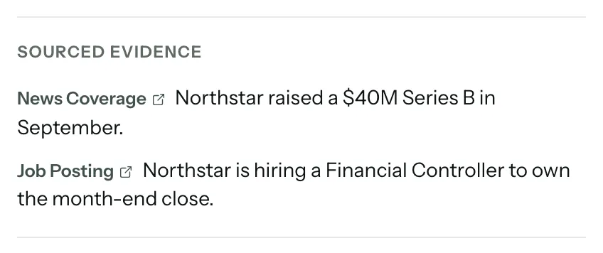 Sourced evidence in lead details: a news article about the Series B and a job posting for a Financial Controller, each linked to its source