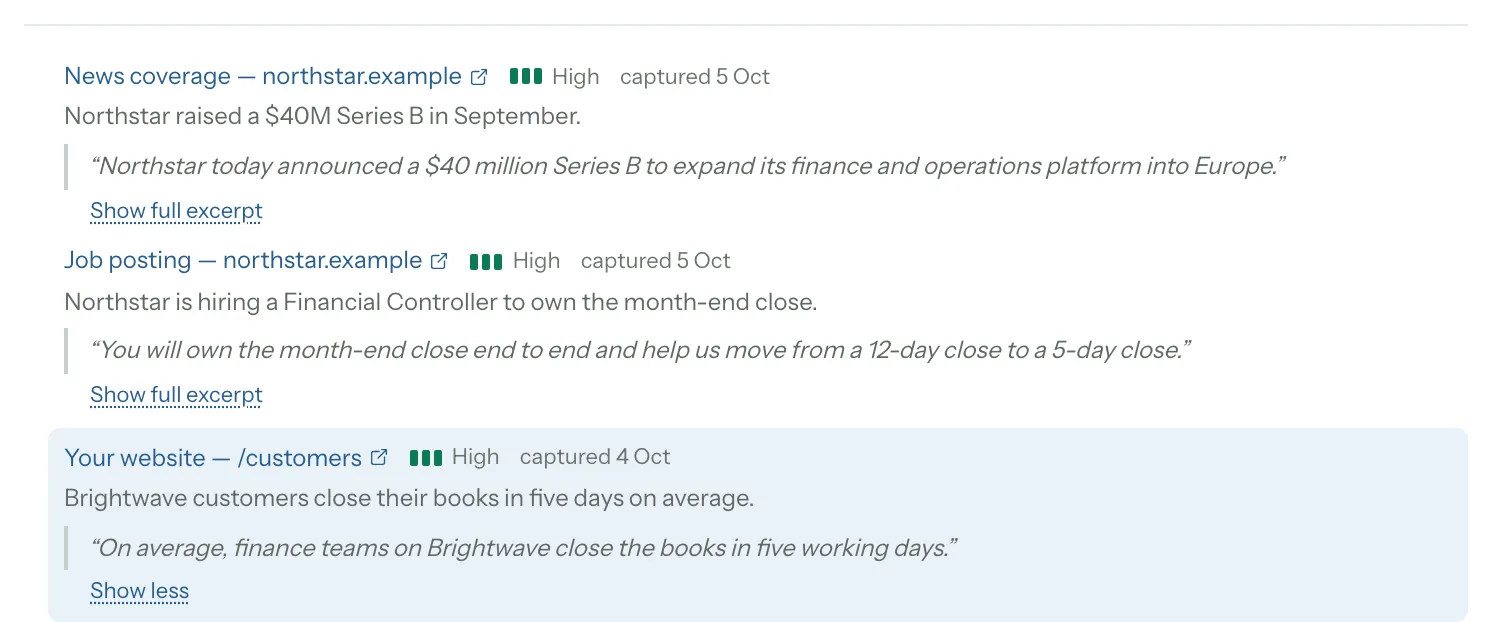 The sources under a draft: News coverage and Job posting on northstar.example and Your website /customers, each with High confidence, the capture date, the claim and its excerpt