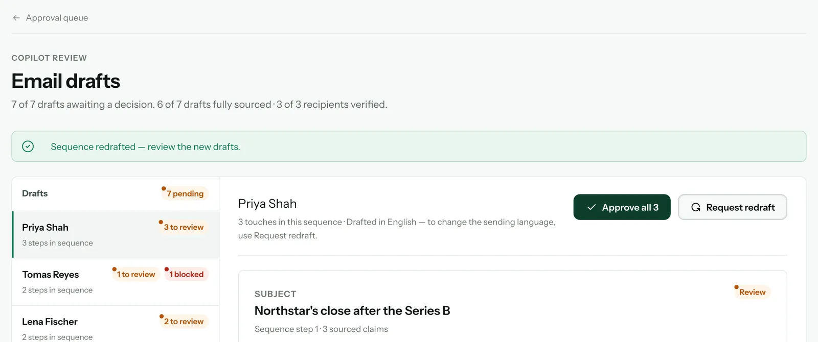 After Redraft sequence: Sequence redrafted — review the new drafts, with Priya Shah's three steps back to review