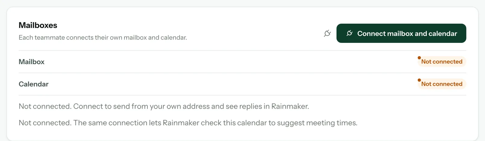 La carte « Mailboxes » avant toute connexion, avec le bouton « Connect mailbox and calendar »