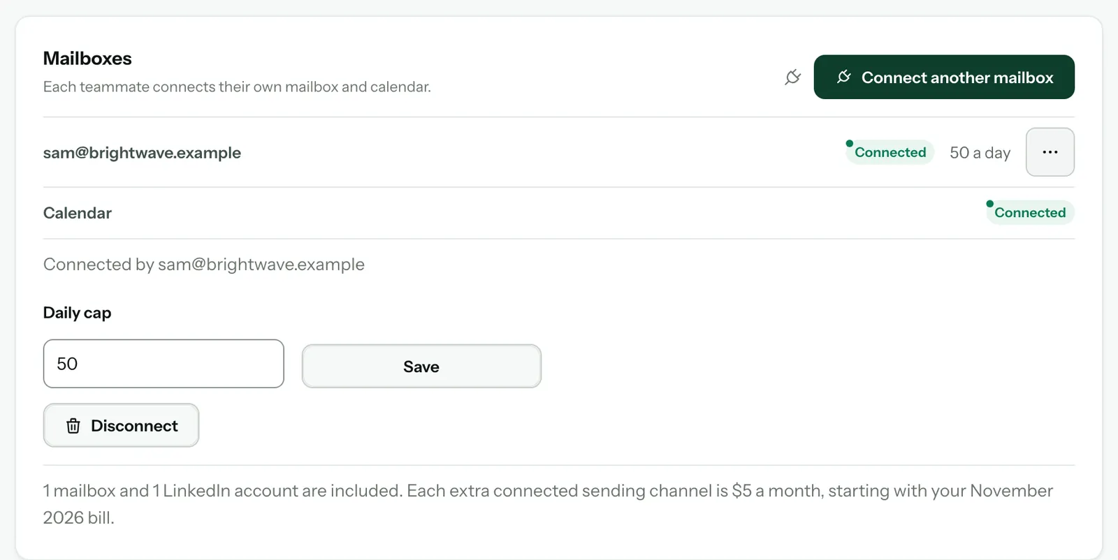 La carte « Mailboxes » après la connexion : la boîte mail et l’agenda marqués « Connected », et le champ « Daily cap » réglé sur 50, avec un bouton « Save »