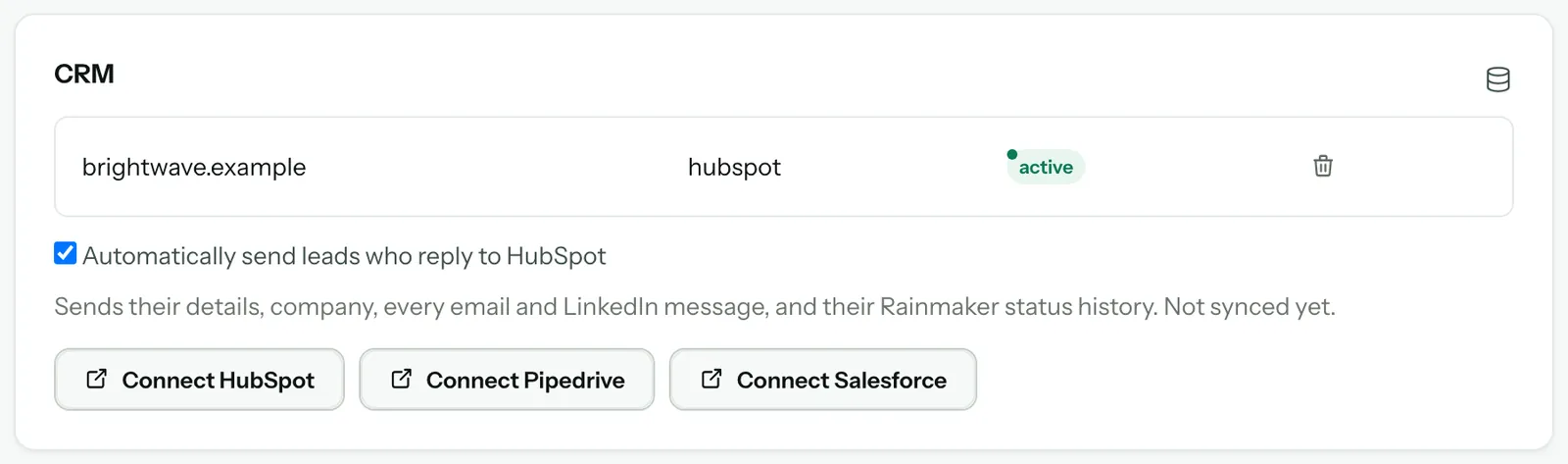 The connected HubSpot account marked active, Automatically send leads who reply to HubSpot ticked, and what it sends