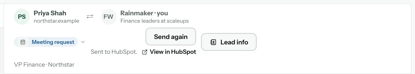 A conversation header after sending: Send again, Sent to HubSpot. and View in HubSpot