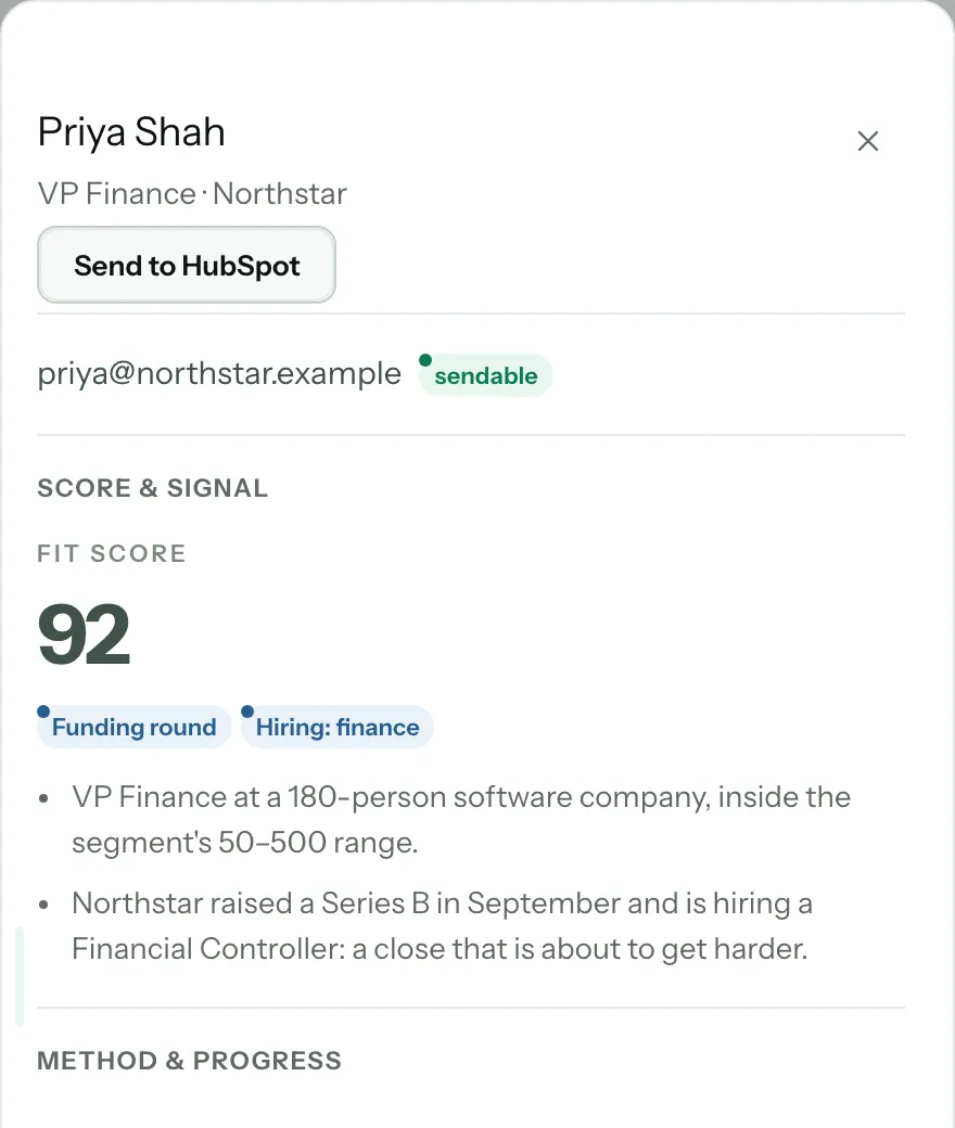 A lead's details with the Send to HubSpot button under the name and title