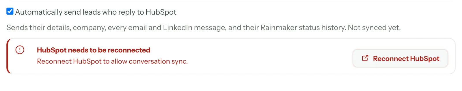 HubSpot needs to be reconnected: Reconnect HubSpot to allow conversation sync., with the Reconnect HubSpot button