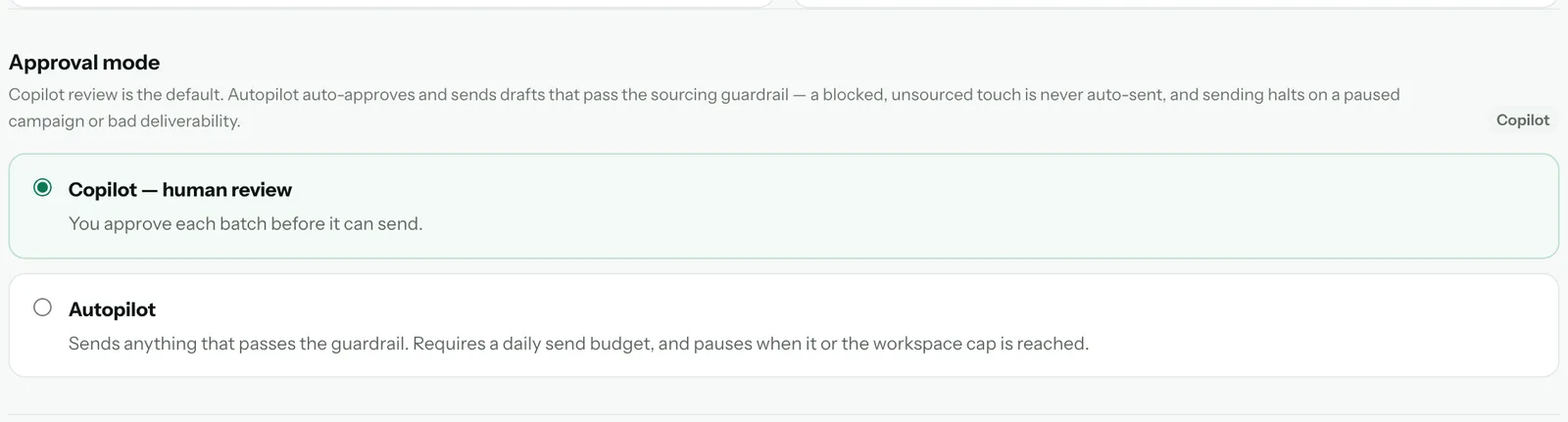 The Approval mode section with Copilot — human review selected and Autopilot below it
