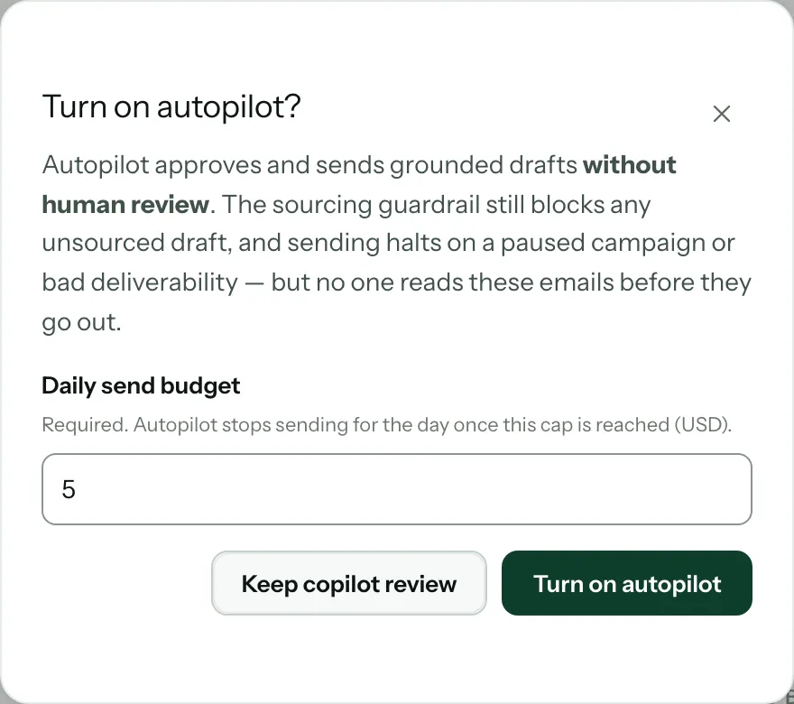 The Turn on autopilot? window with a daily send budget of 5 and the Keep copilot review and Turn on autopilot buttons