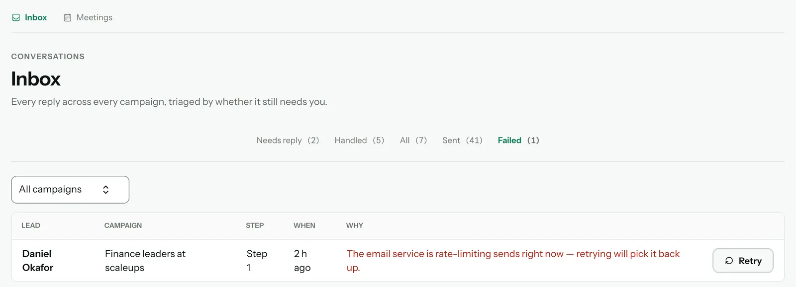 The Inbox Failed tab: Daniel Okafor, Finance leaders at scaleups, step 1, 2 hours ago, with the reason that the email service is rate-limiting sends and a Retry button