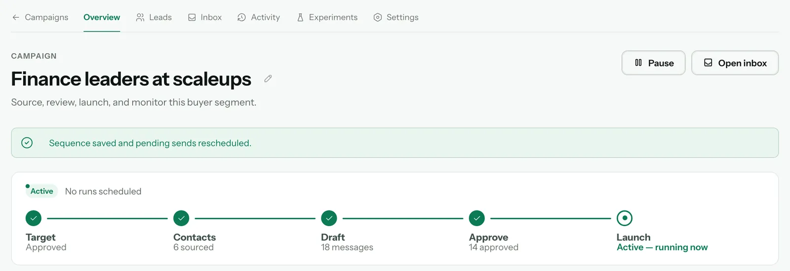 The campaign Overview after saving, with the confirmation Sequence saved and pending sends rescheduled