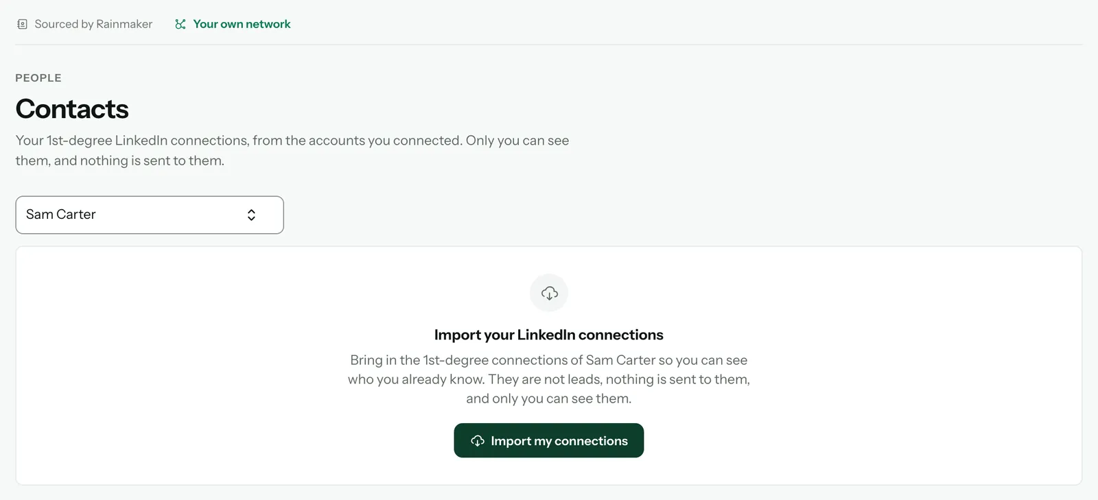 Contacts, Your own network: the LinkedIn account picker set to Sam Carter and the Import your LinkedIn connections panel with the Import my connections button