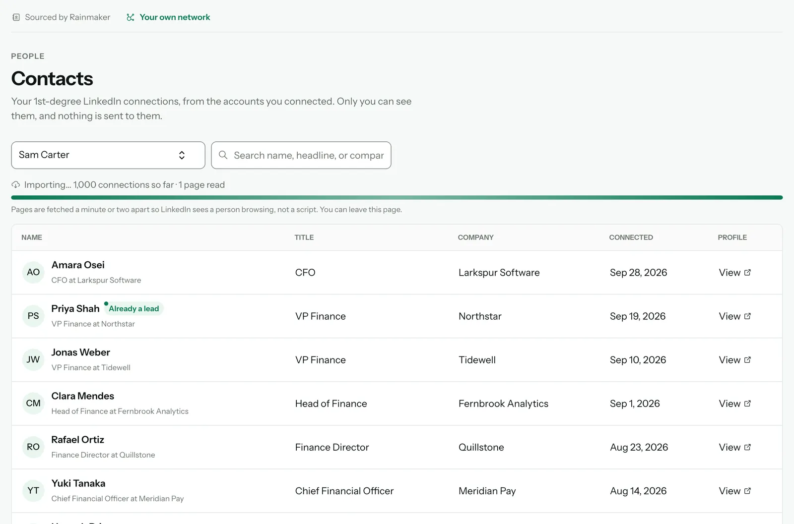 The import in progress: Importing… 1,000 connections so far, 1 page read, with a progress bar and the connections read so far listed below