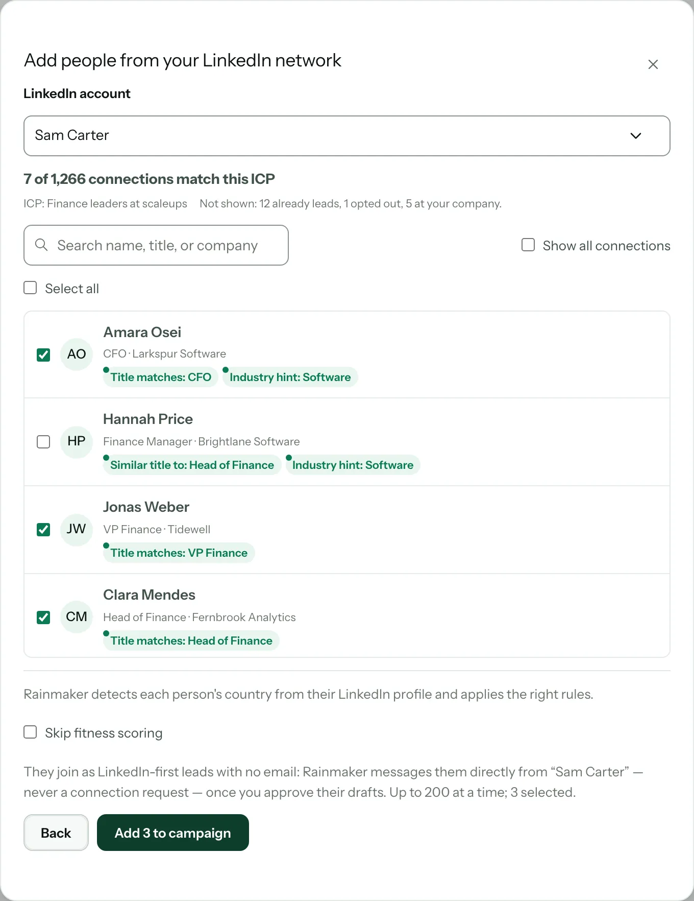Three connections selected, the note that countries are detected automatically, Skip fitness scoring, and the Add 3 to campaign button