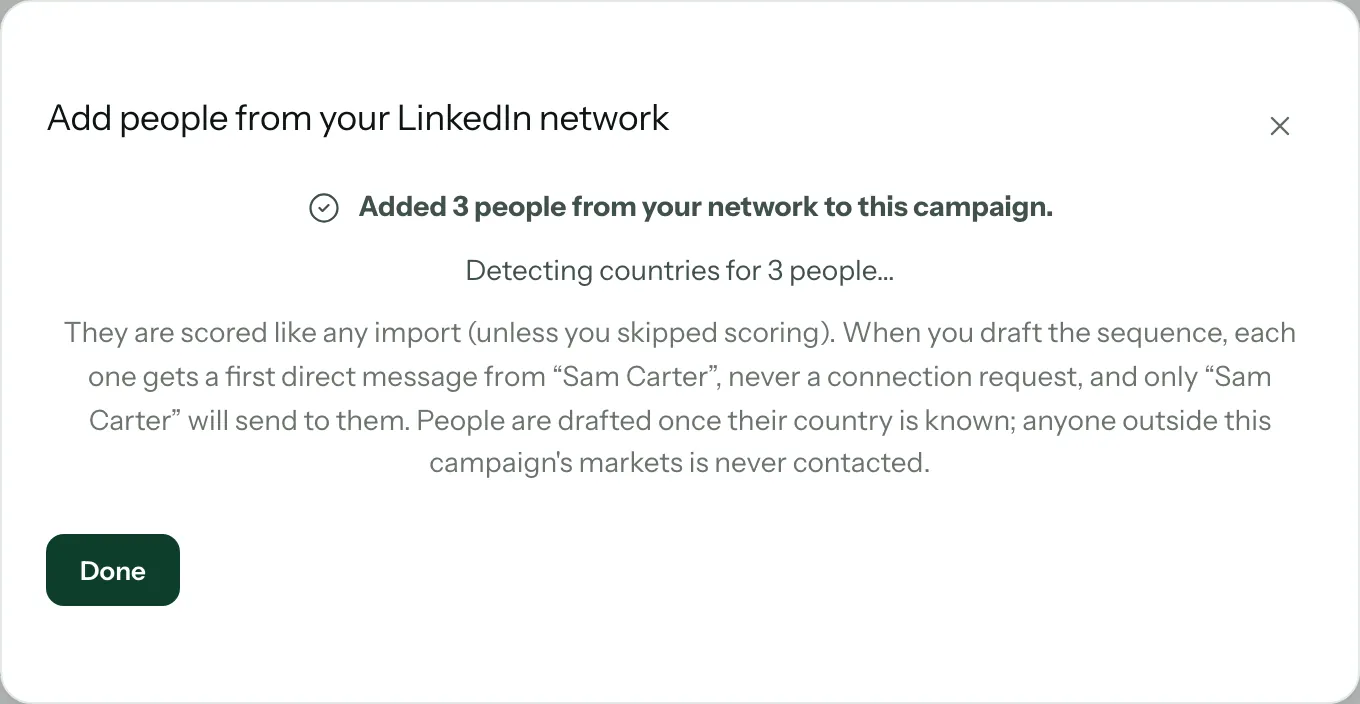Added 3 people from your network to this campaign, detecting countries for 3 people: each gets a first direct message from Sam Carter, never a connection request, and only Sam Carter will send to them