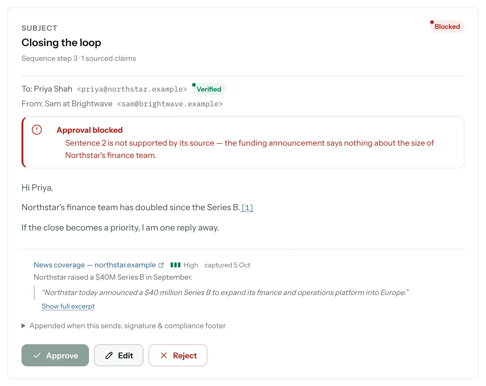 A blocked step: the Blocked badge, Approval blocked saying sentence 2 is not supported by its source, the message, its source and the greyed-out Approve button