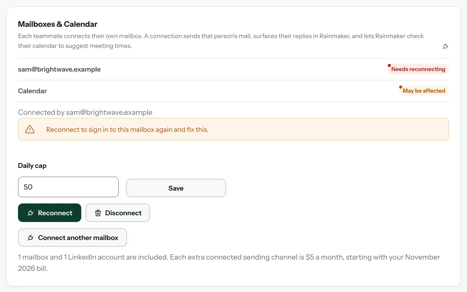 The Mailboxes & Calendar card: sam@brightwave.example marked Needs reconnecting, the calendar May be affected, Reconnect to sign in to this mailbox again and fix this, and the Reconnect button