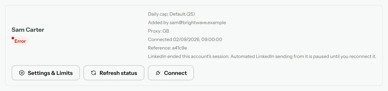 A LinkedIn account in Error: LinkedIn ended this account's session, with Settings & Limits, Refresh status and Connect
