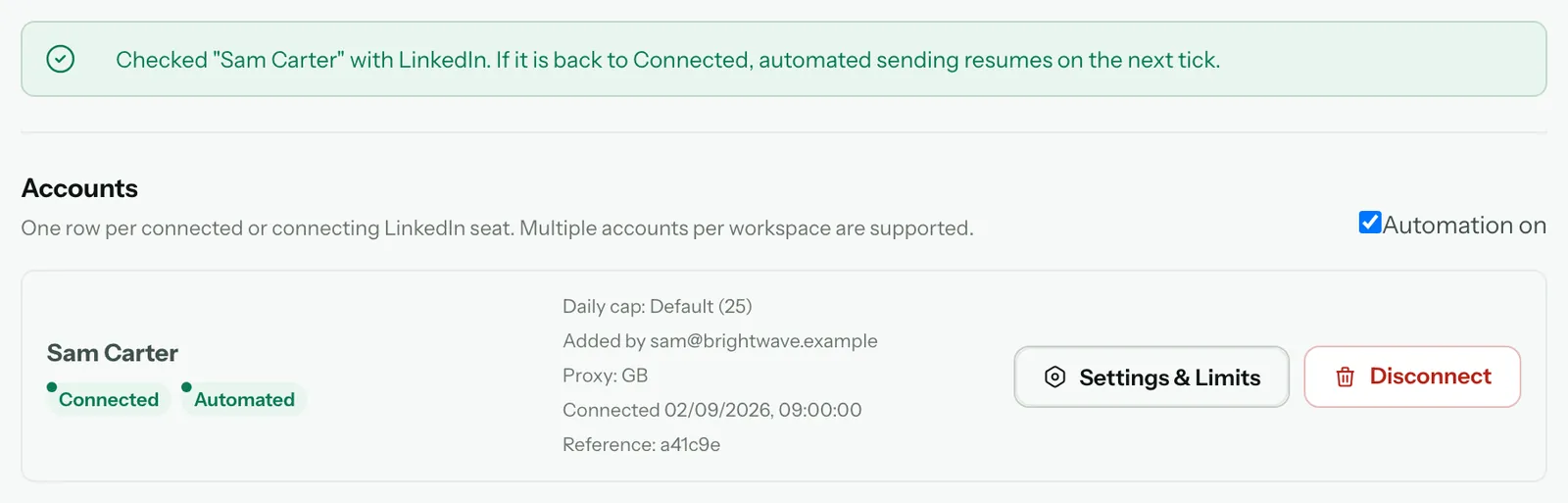 After Refresh status: the confirmation that Rainmaker checked with LinkedIn, and the account back to Connected and Automated