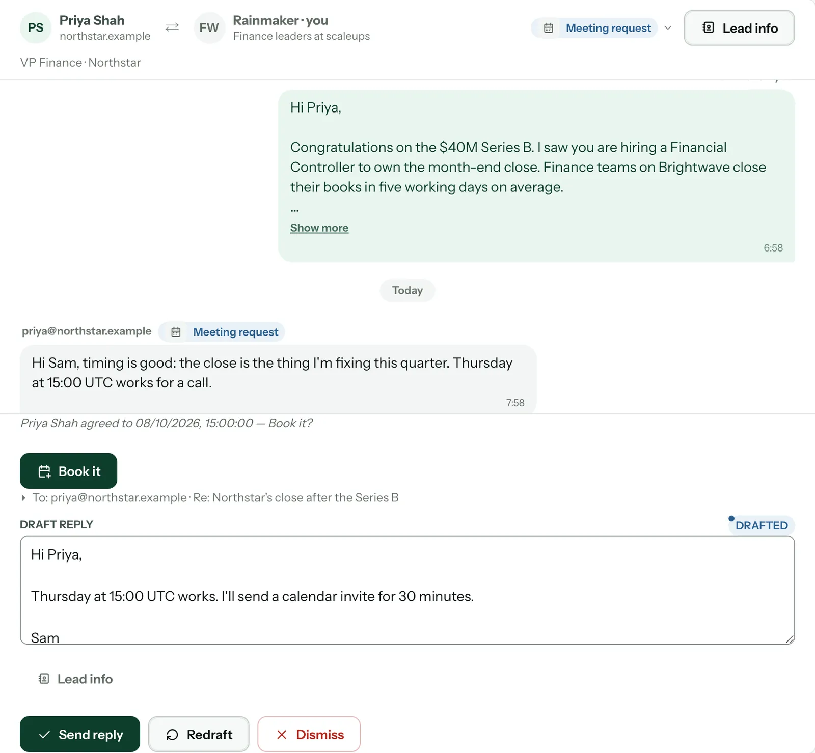 Priya Shah's reply agreeing to Thursday at 15:00 UTC, the Book it button, and the draft reply confirming the time
