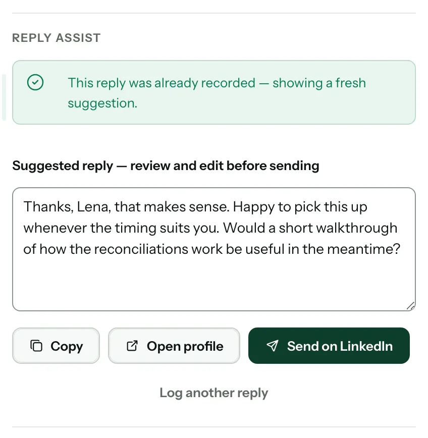 Reply assist in the lead's details: the suggested reply ready to edit, with Copy, Open profile and Send on LinkedIn