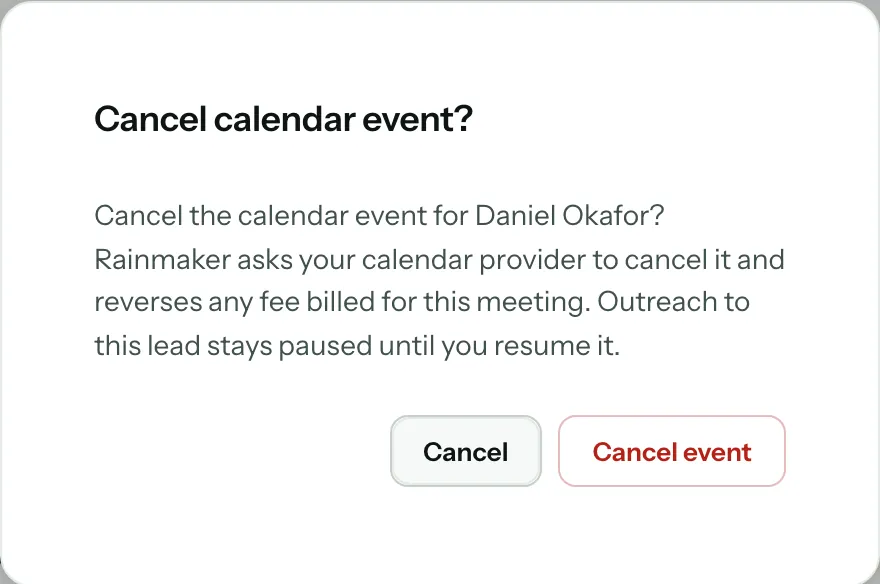 The Cancel calendar event? window: Rainmaker asks your calendar provider to cancel it and reverses any fee billed for this meeting