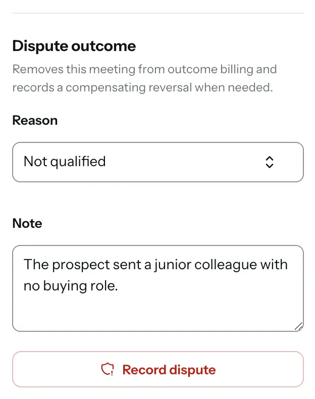 Dispute outcome on a meeting: the Reason set to Not qualified, a note, and the Record dispute button