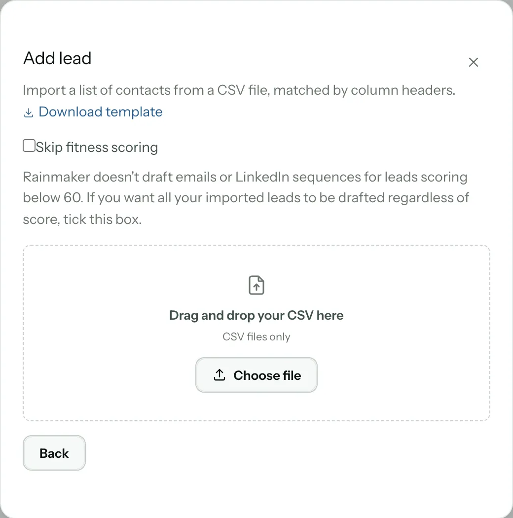 The CSV panel: Download template, the Skip fitness scoring box and its explanation, and the drop zone with Choose file