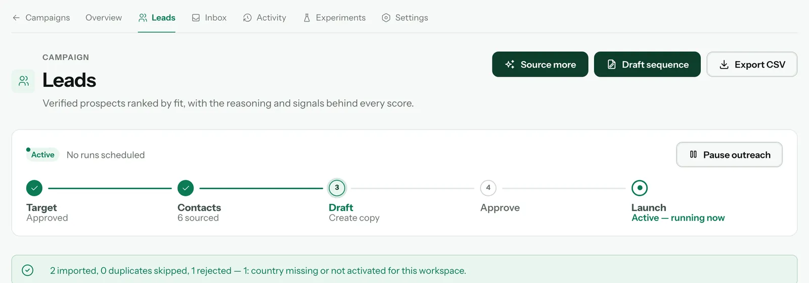 The Leads tab after the import: 2 imported, 0 duplicates skipped, 1 rejected — 1: country missing or not activated for this workspace