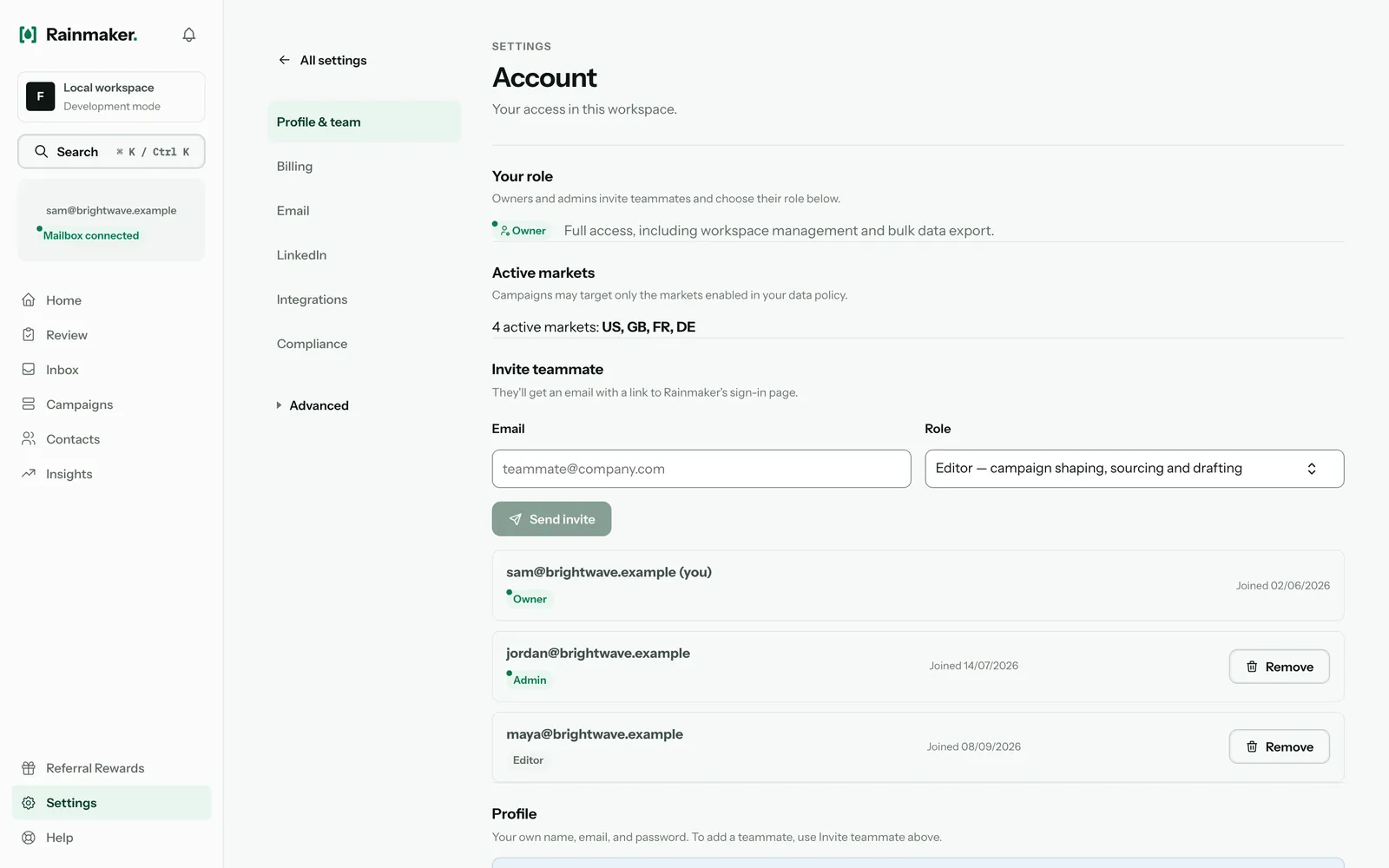 Settings, Account : « Your role » (Owner), « Active markets » et la section Invite teammate avec la liste des membres