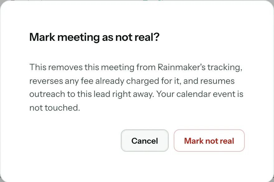 The Mark meeting as not real? confirmation, with Cancel and Mark not real