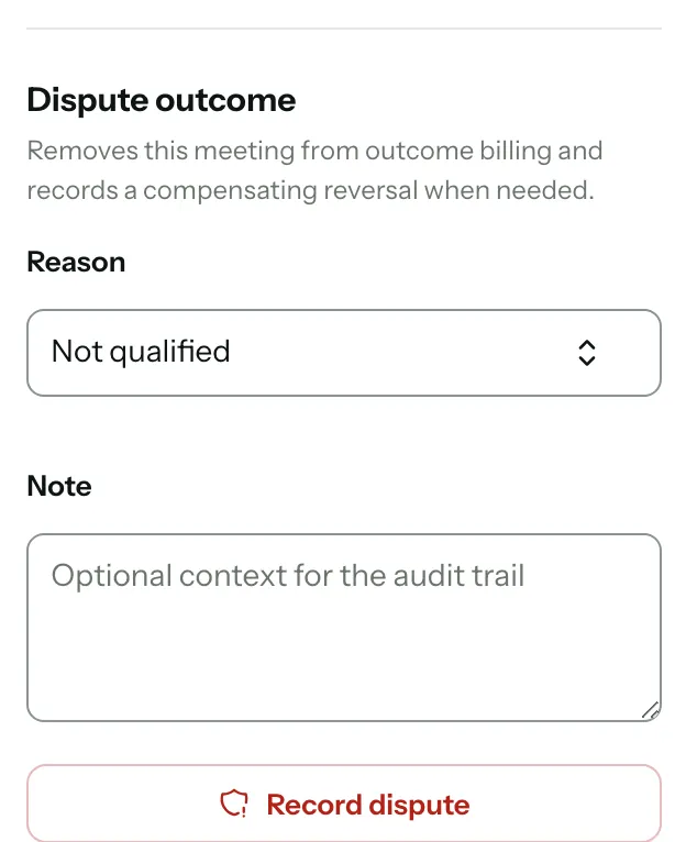Dispute outcome: the Reason menu set to Not qualified, the optional Note and Record dispute