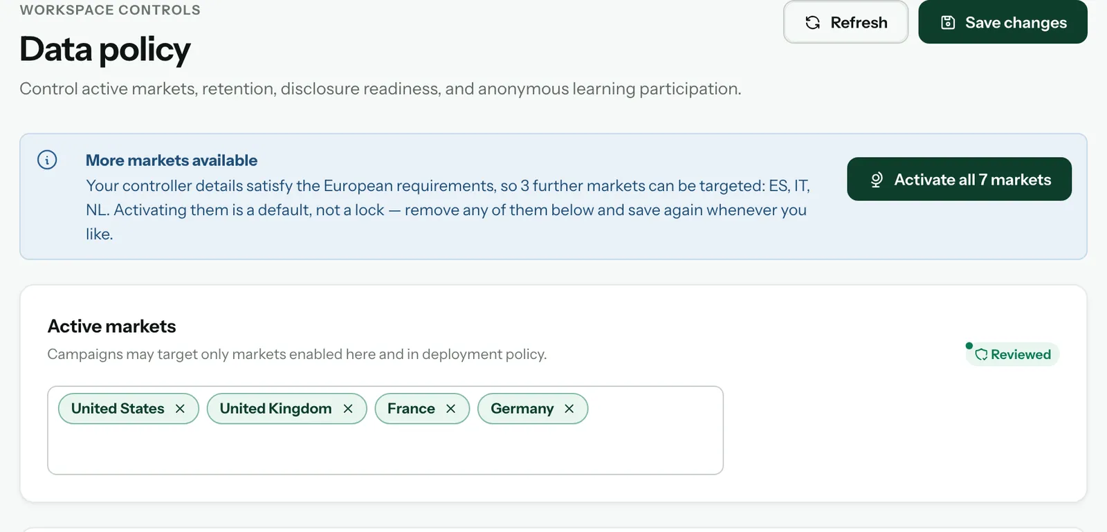 The Data policy page: the More markets available notice and the Active markets section with United States, United Kingdom, France and Germany