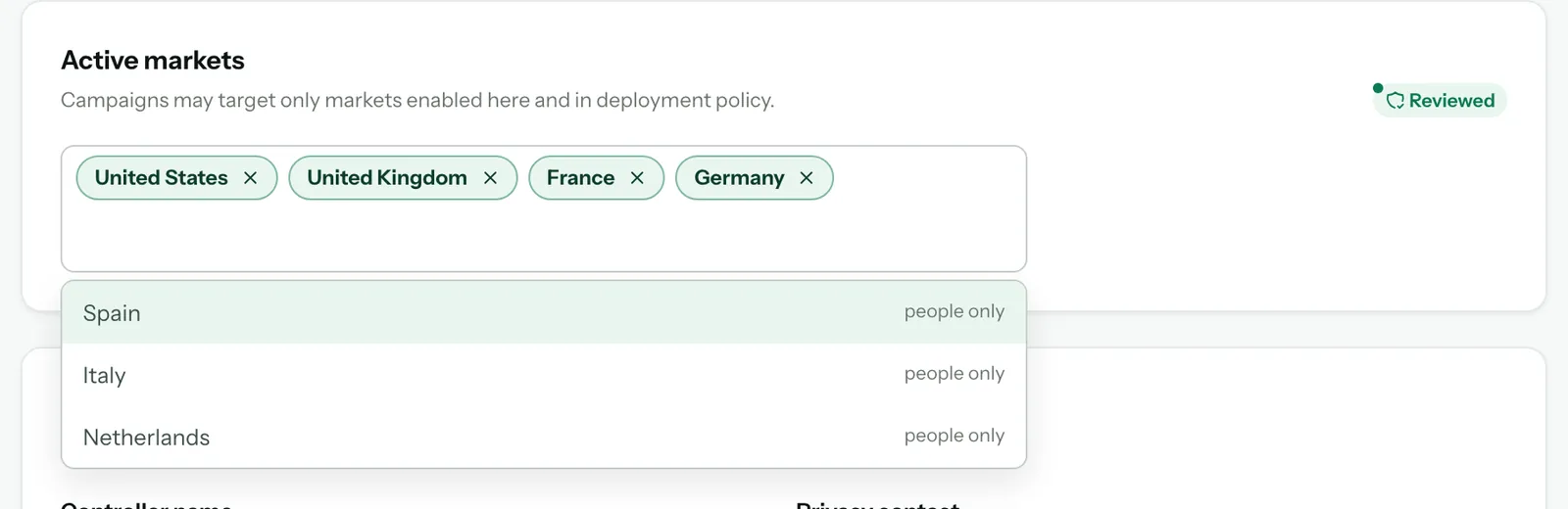 The Active markets list open, offering Spain, Italy and the Netherlands, each marked people only