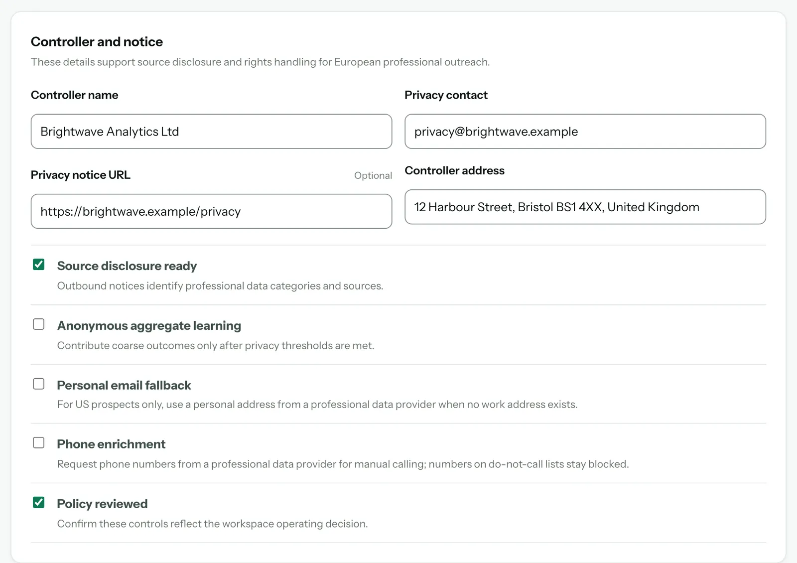Controller and notice filled in for Brightwave Analytics Ltd, with Source disclosure ready and Policy reviewed ticked