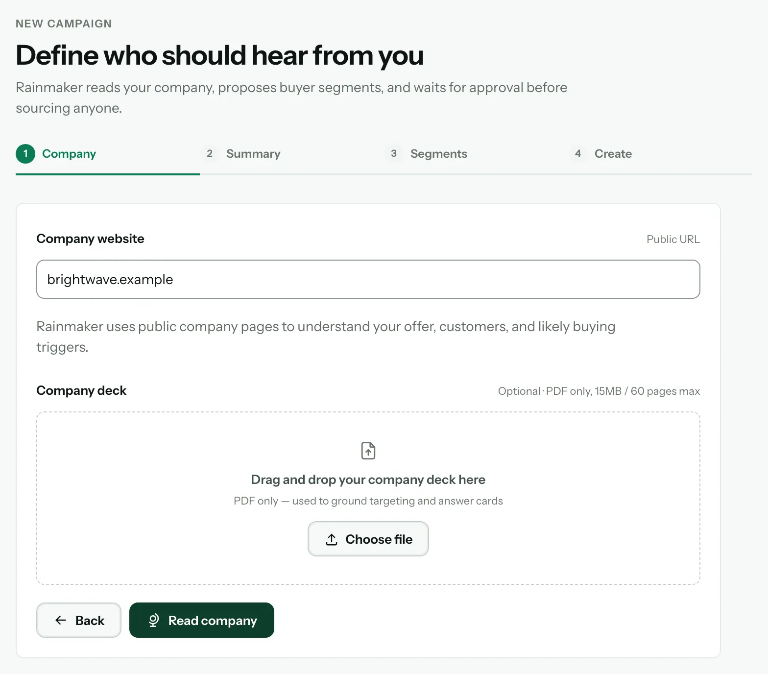 L’étape « Company » de l’assistant « New campaign » : brightwave.example saisi dans « Company website », et le bouton « Read company »