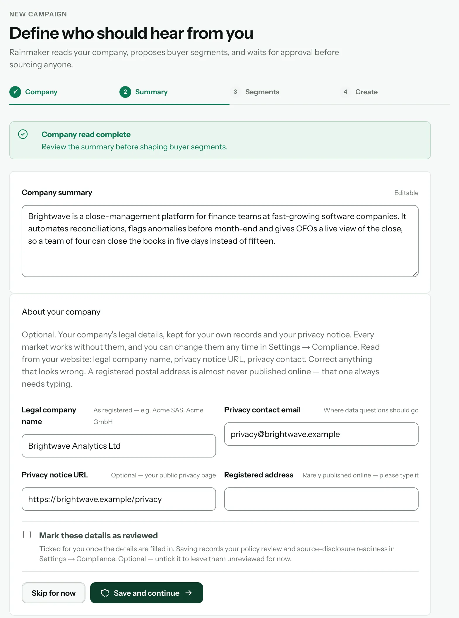 L’étape « Summary » : le message « Company read complete », le « Company summary » modifiable, puis « About your company » avec « Skip for now » et « Save and continue »