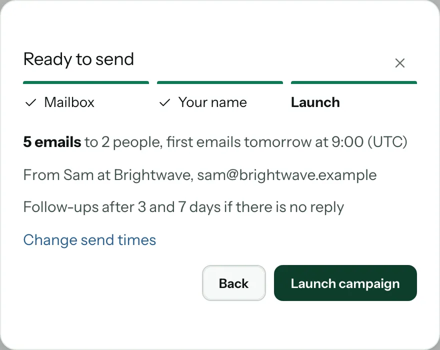 La fenêtre « Ready to send » à sa dernière étape : les emails validés, leur expéditeur, leur heure d’envoi et le bouton « Launch campaign »