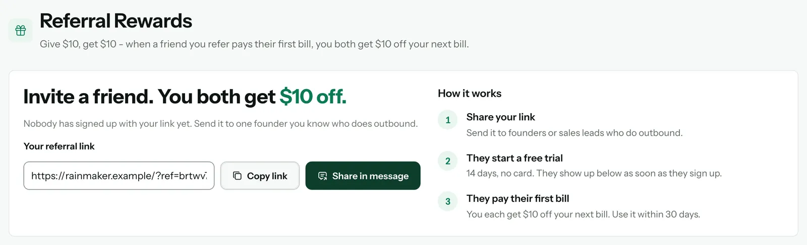 Referral Rewards: Invite a friend. You both get $10 off., the referral link with Copy link and Share in message, and How it works