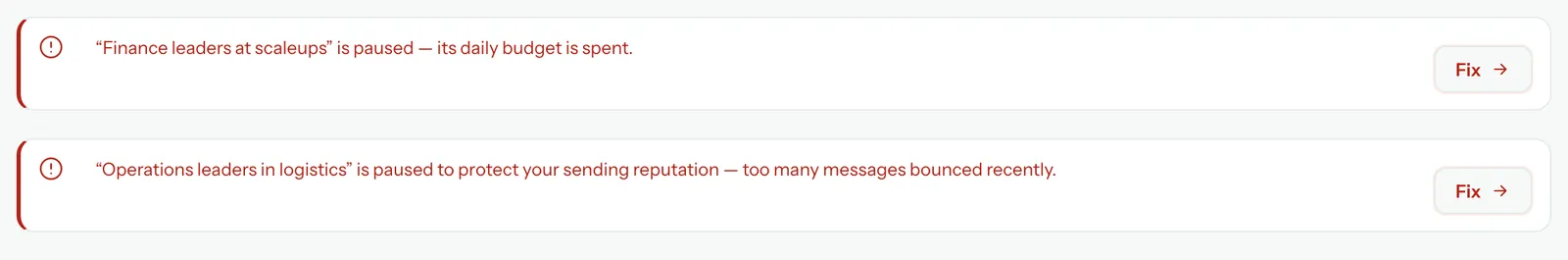 Home: two red lines, one campaign paused because its daily budget is spent and one paused because too many messages bounced, each with a Fix button