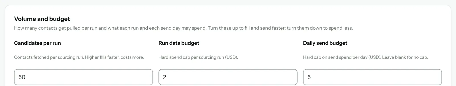 Volume and budget: Candidates per run 50, Run data budget 2 and Daily send budget 5