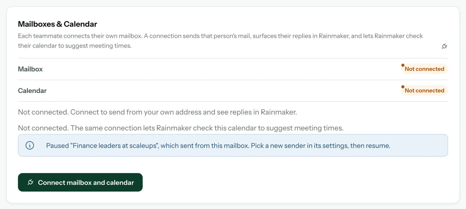 The Mailboxes & Calendar card after a mailbox was disconnected, with the notice that Finance leaders at scaleups was paused and needs a new sender before resuming