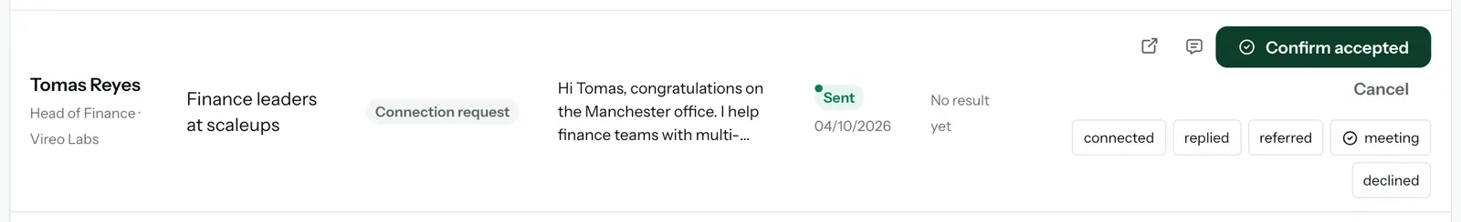 Tomas Reyes's Sent connection request with Confirm accepted and Cancel
