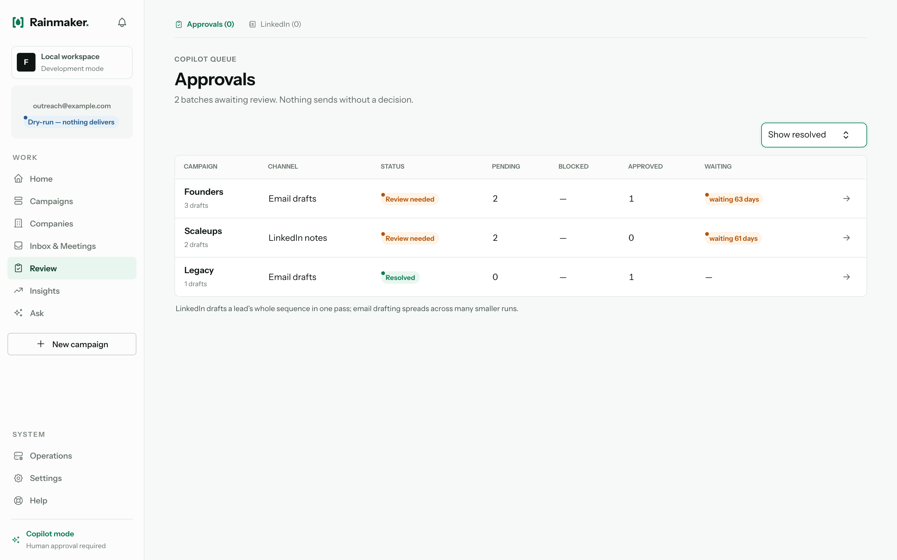 Rainmaker — Approve before anything sends