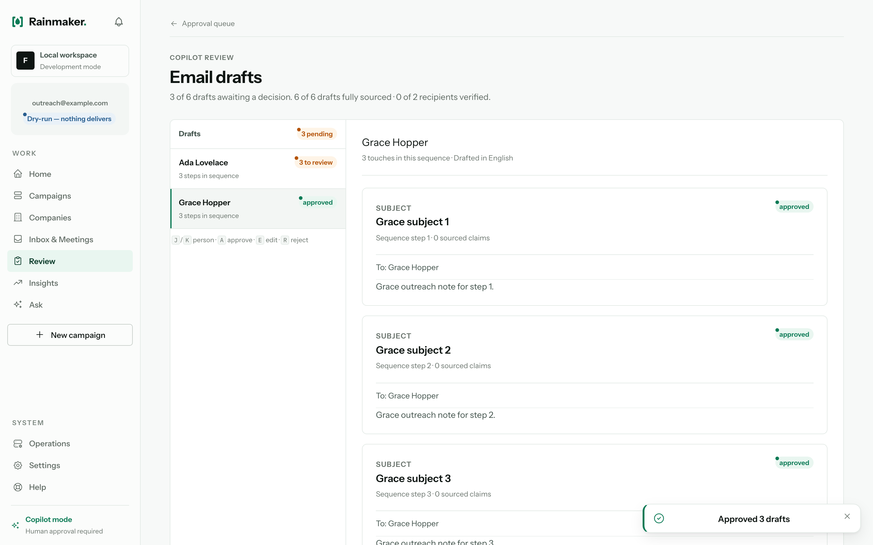 Rainmaker — Drafts with a receipt on every claim