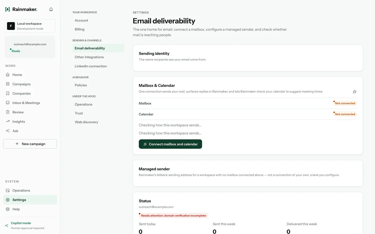 Email deliverability settings - connect your mailbox and calendar