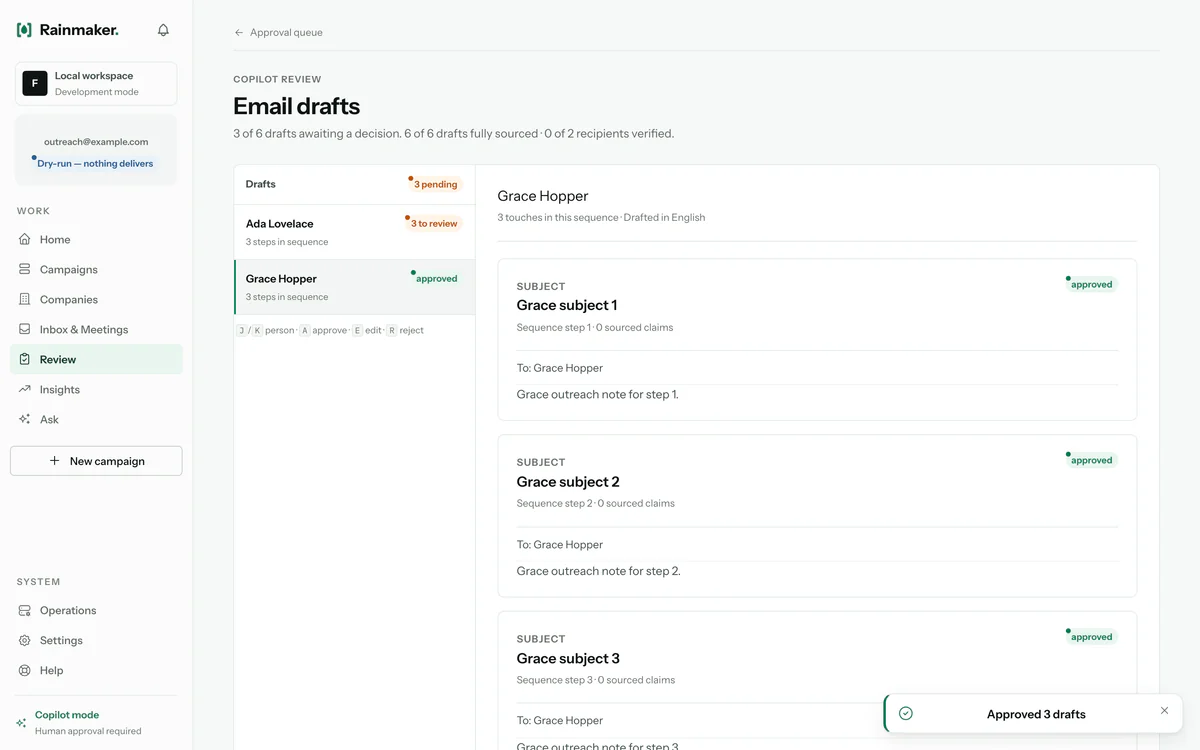 Brouillons d’emails en attente de relecture, chacun avec ses affirmations sourcées